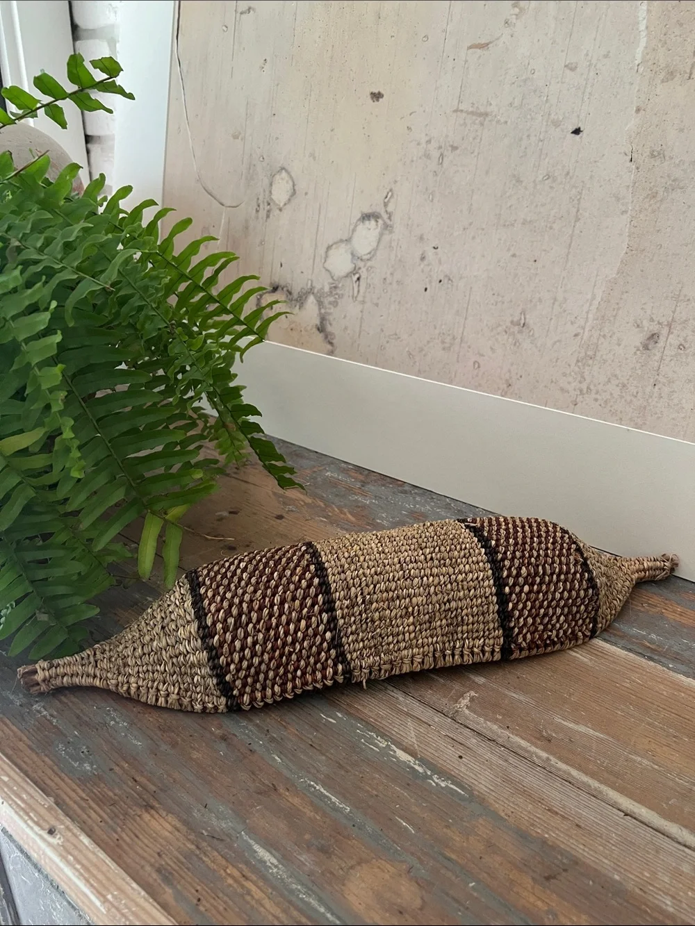 Vintage Ethiopian African Hand-Woven Striped Gambela Canoe Bread Basket